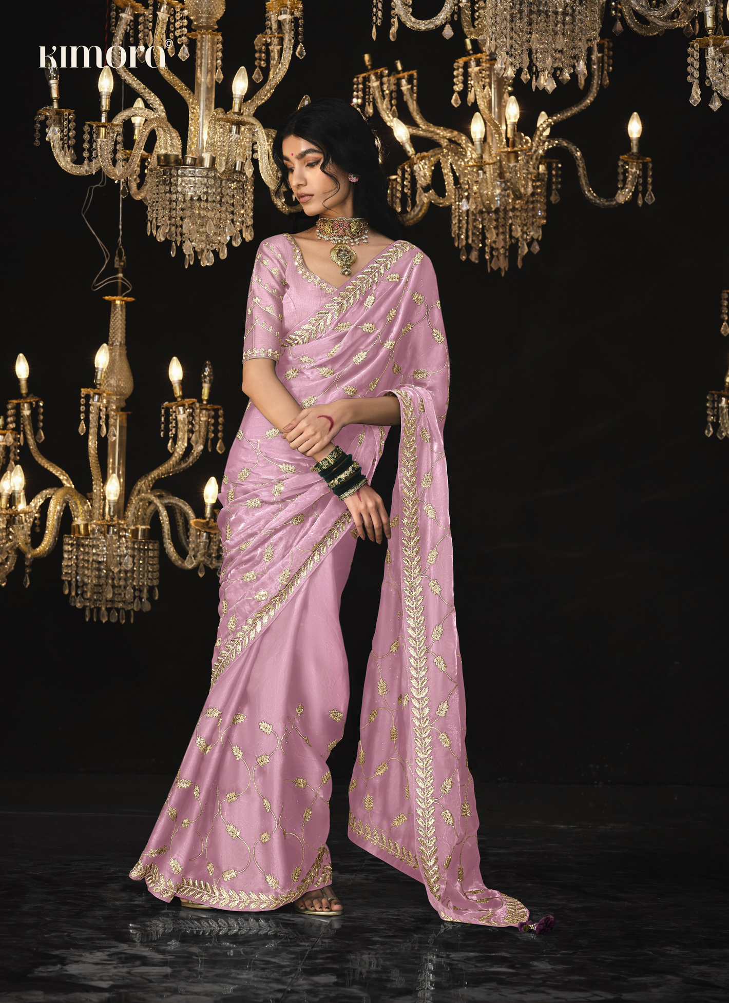 Elegant Pink Saree with Intricate Silver Embroidery