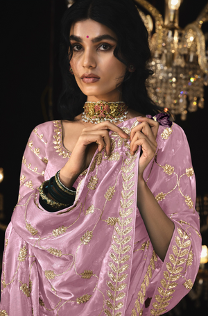 Elegant Pink Saree with Intricate Silver Embroidery