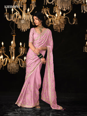 Light Pink Silk Saree with Golden Sequin Work