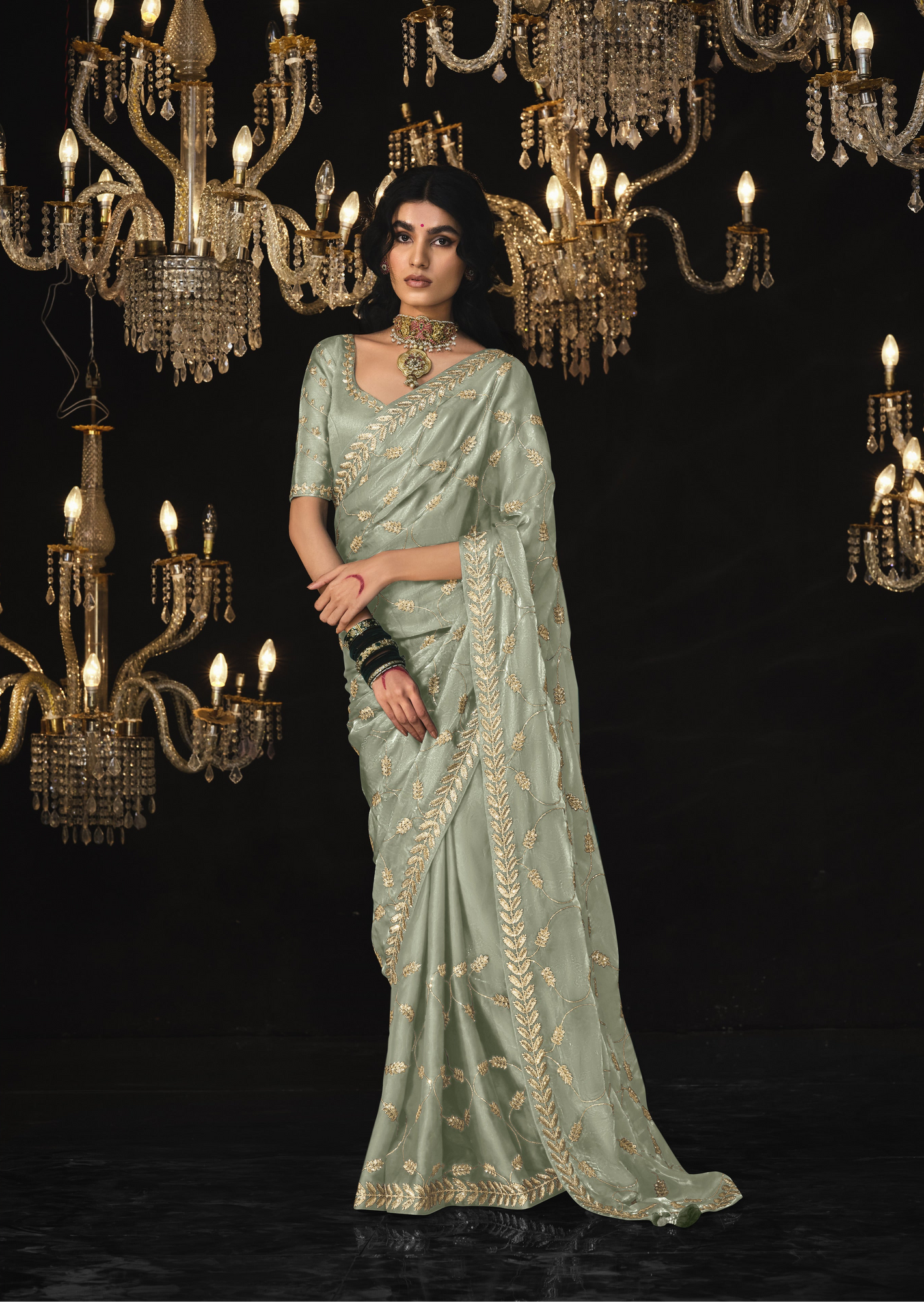 Olive Green Saree with Elegant Silver Embroidery