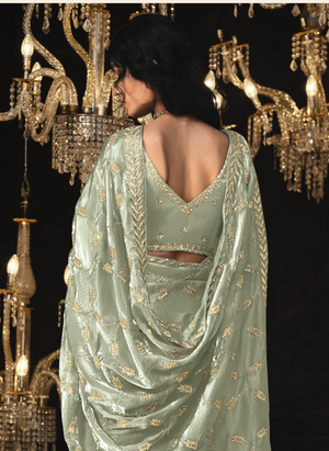 Olive Green Saree with Elegant Silver Embroidery