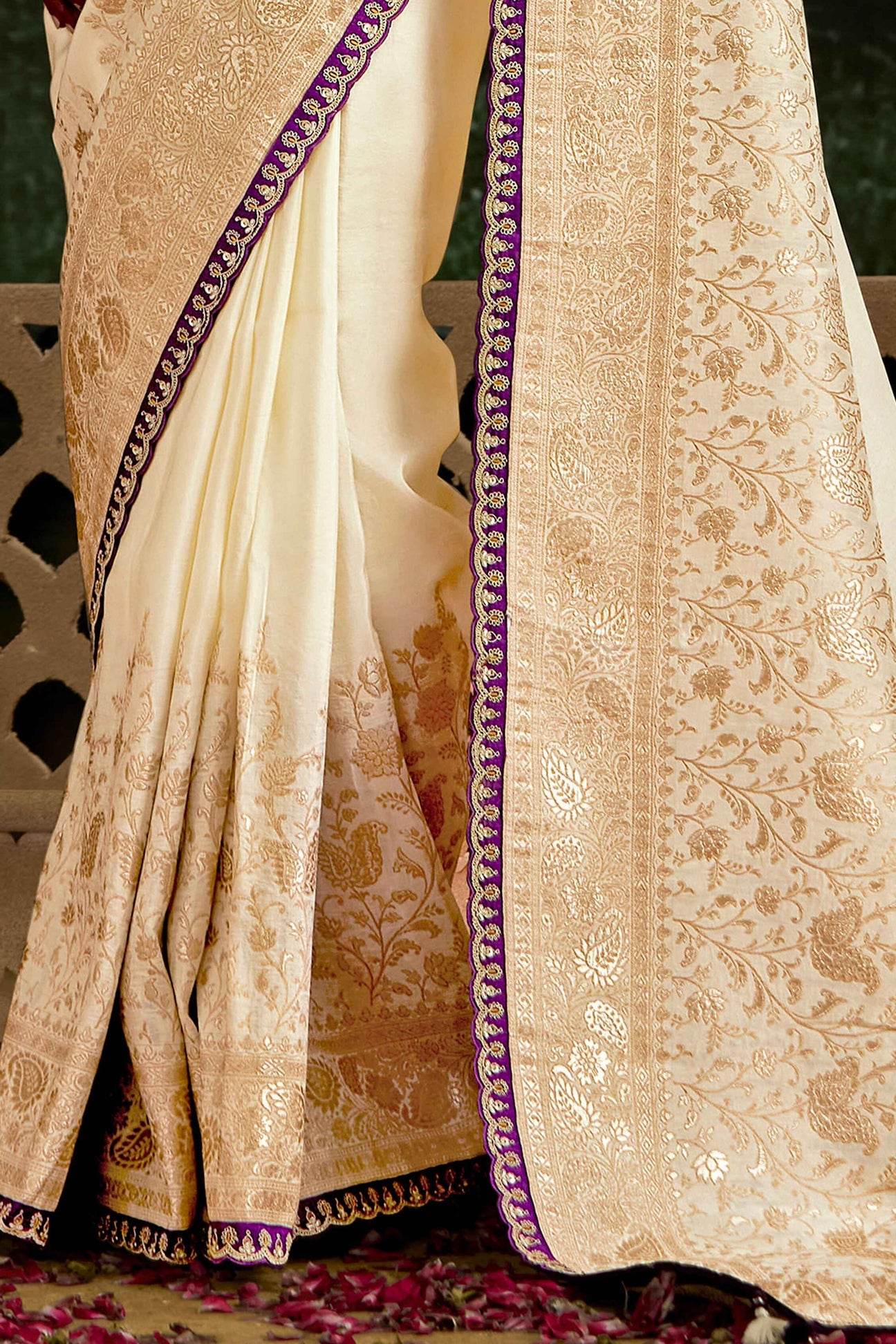 OFF WHITE BANARASI DOLA SILK SAREE WITH GOLDEN ZARI WORK - Kimora.in
