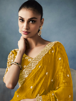Yellow Tissue Embroidered Fancy Heavy Border Saree