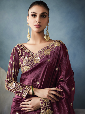 Wine Tissue Embroidered Fancy Heavy Border Saree