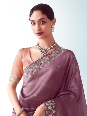 Dusty Rose Silk Saree with Zari & Sequins Work and Light Pink Silk Blouse