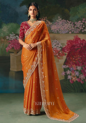 Sachika Tissue Silk Hand Embroidered Saree In Orange