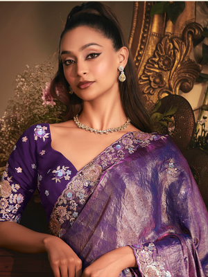 Purple Fancy Fabric Saree with Heavy Border Embroidery and Matching Blouse