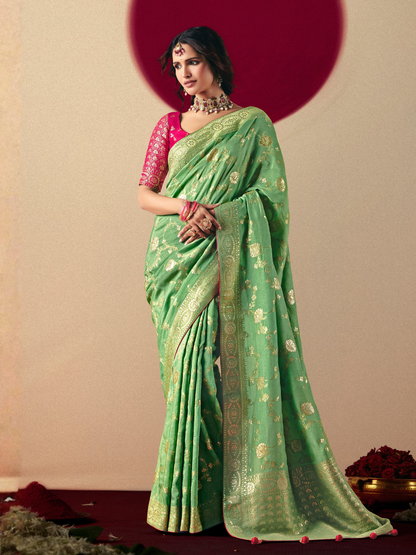 Light Green Weaving Banarasi Saree with Red Blouse – Traditional Festive Wear