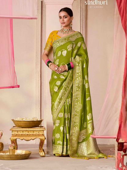 Olive Green Weaving Silk Saree with Mustard Yellow Blouse