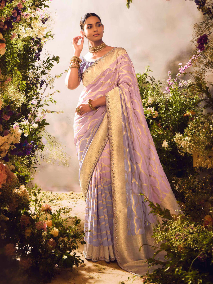 Gulnaar Pearl tissue silk saree In Pink