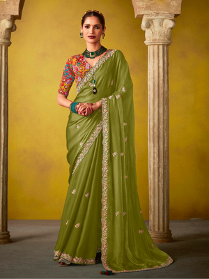Green Tissue Silk Saree with Embroidered Border
