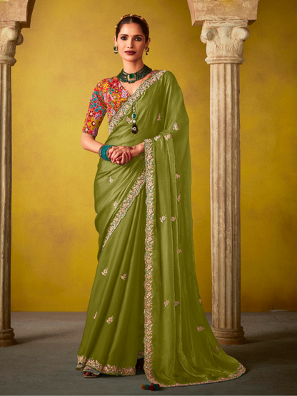 Green Tissue Silk Saree with Embroidered Border