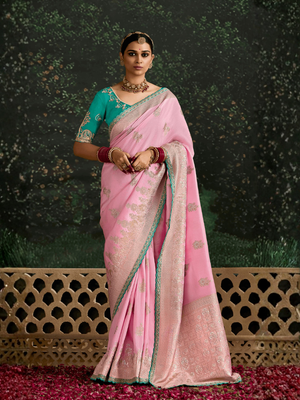 Pink Banarasi Dola Silk Saree With Golden Zari Work