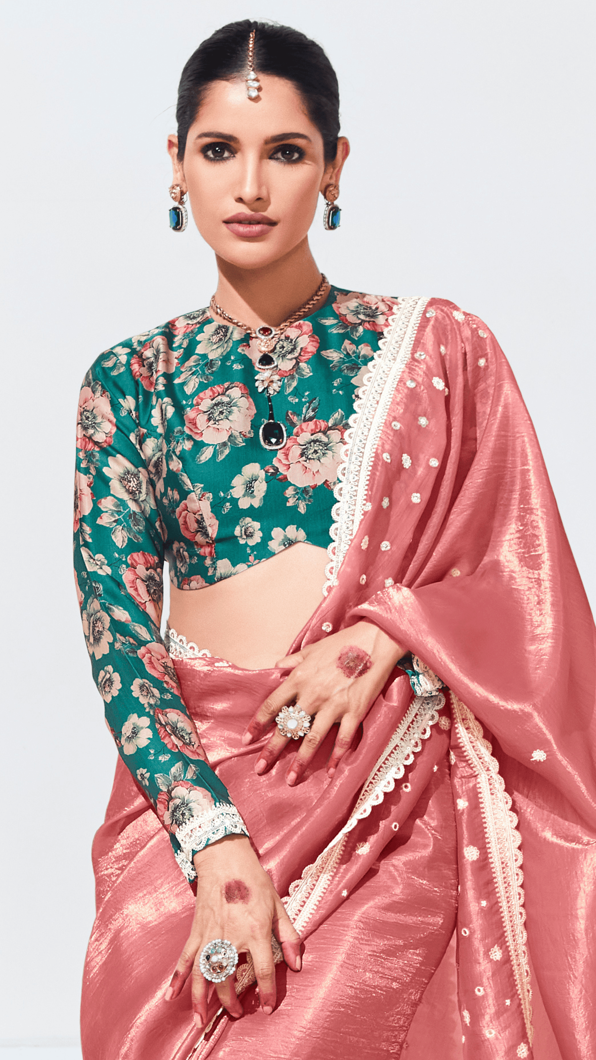 PINK SAREE WITH GREEN FLORAL BLOUSE – A GRACEFUL ETHNIC ENSEMBLE - Kimora.in