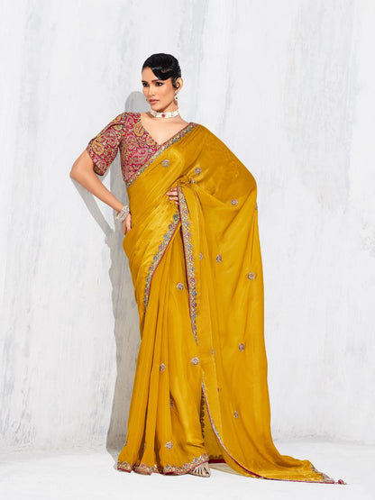 Mustard Fancy Silk Saree with Embroidery and Designer Blouse