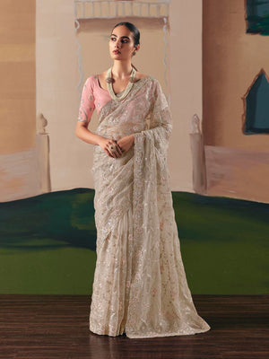 Beige Fancy Fabric Saree with Thread & Sequin Work and Peach Blouse