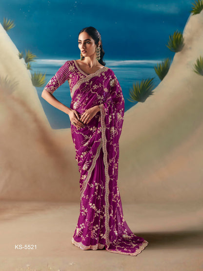 Magenta Pink Organza Tissue Silk Hand Embroidered Bridal Saree