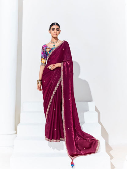 WINE SILK SAREE WITH VIBRANT FLORAL BLOUSE – A STATEMENT OF LUXURY