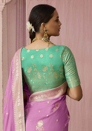 LAVENDER DOLA SILK SAREE WITH GREEN GOLDEN EMBROIDERED BLOUSE - Kimora.in
