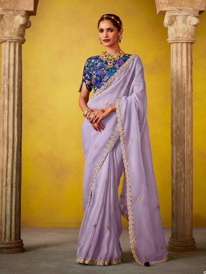 Purple Silk Saree With Embroidered Blouse