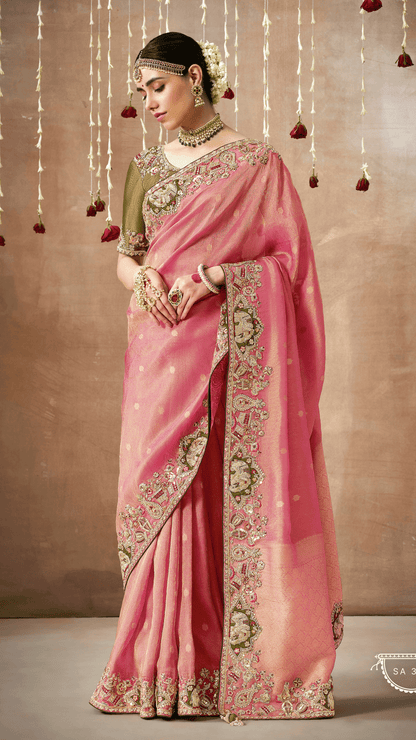 PURE TISSUE DOLA SILK SAREE WITH CONTRAST GOLDEN BLOUSE - Kimora.in