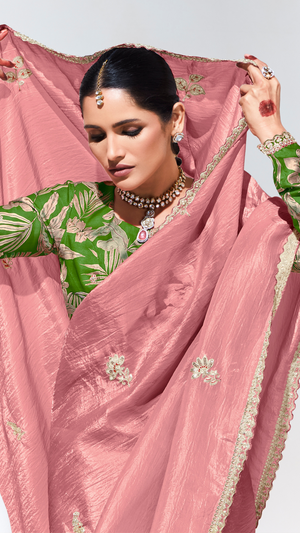 Peach Pure Tissue Silk Saree with Crushed Texture & Contrasting Green Blouse