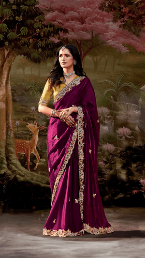 WINE EMBROIDERED ORGANZA SAREE - Kimora.in