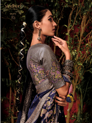 Midnight Sapphire-Designer Silk Saree in Deep Navy Blue with Zari Weaving