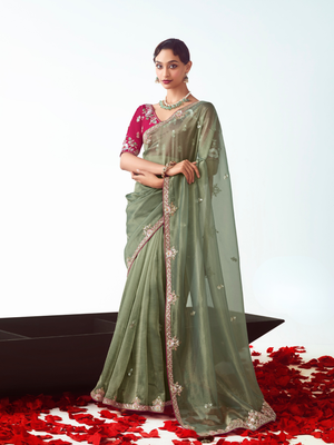 Olive Green Organza Silk Saree