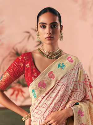 MorRang Khaddi Georgette Bandhej Saree In Ivory