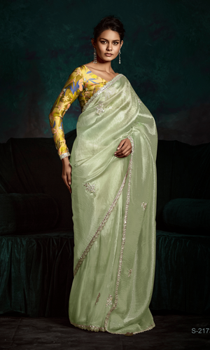 SEE GREEN DESIGNER ORGANZA SAREE  – A BLUSH OF ELEGANCE