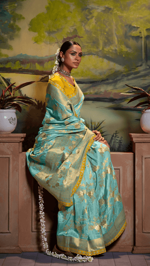 SEA GREEN PURE DOLA SILK FLORAL SAREE - Kimora.in