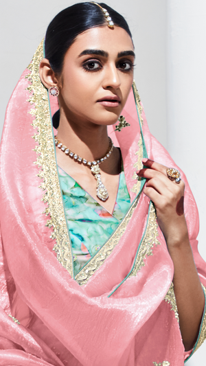 Peach Elegance – Pure Silk Saree with Crushed Texture & Multicolor Green Silk Blouse
