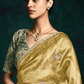Golden Organza Silk Saree with Unstitched Floral Printed Blouse Fabric