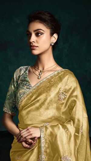 Golden Organza Silk Saree with Unstitched Floral Printed Blouse Fabric
