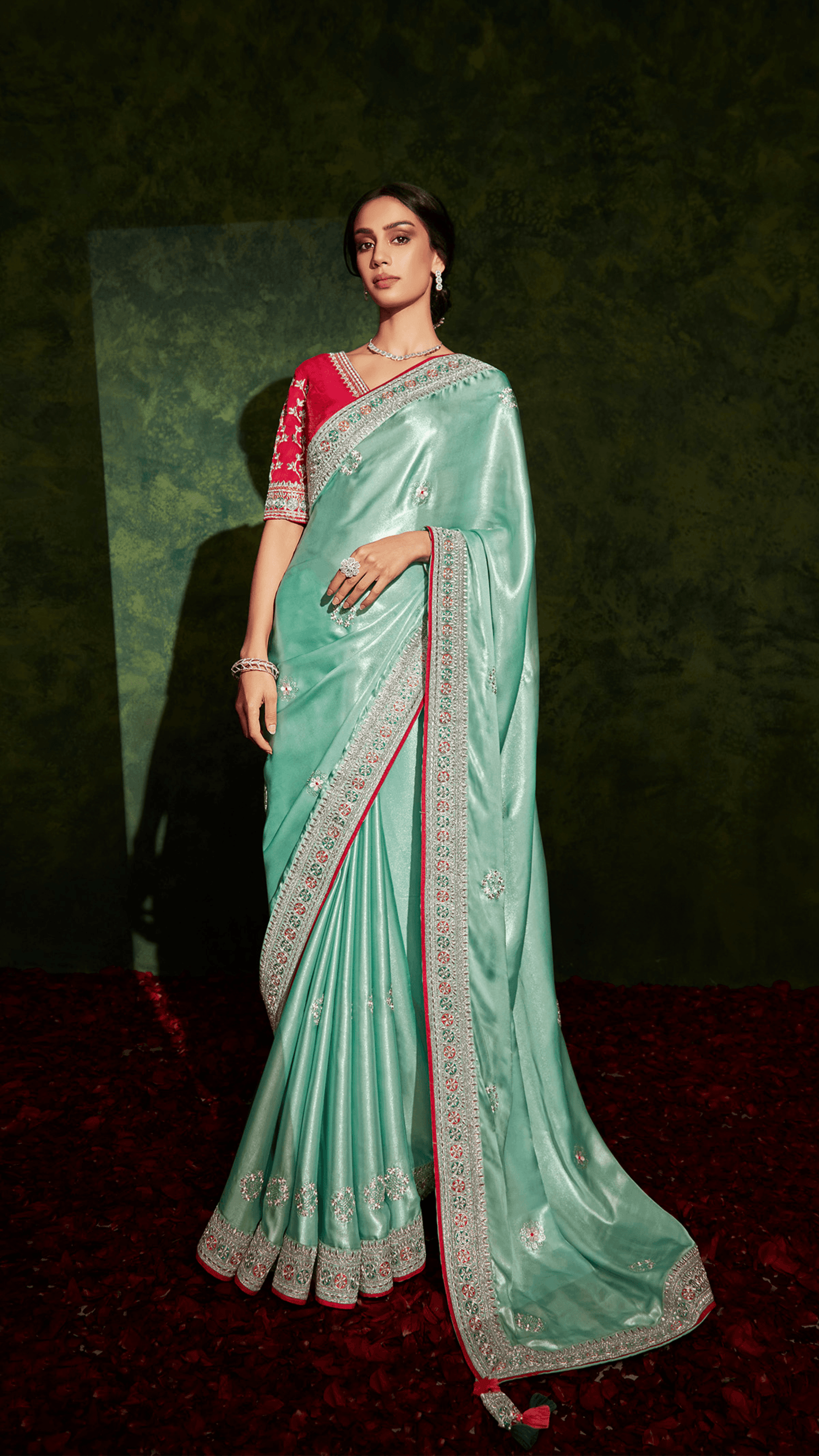 Blue & Red Embellished Mirror Work Pure Georgette Saree - Kimora.in
