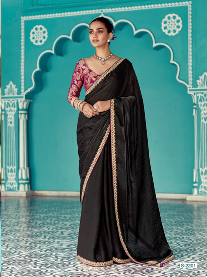 Black Tissue Silk Saree with Golden Border & Purple Blouse