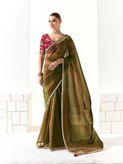 Mahendi green Tissue Silk Saree with Red Blouse