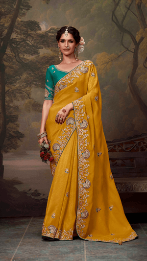 MUSTARD YELLOW DESIGNER ORGANZA SILK SAREE - Kimora.in