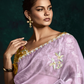 Lavender Organza Saree with Yellow Printed Blouse and Lace Border