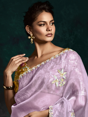 Lavender Organza Saree with Yellow Printed Blouse and Lace Border
