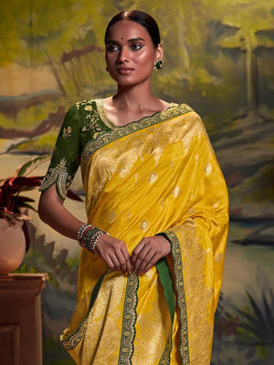 YELLOW PURE DOLA SILK SAREE WITH CONTRASTING GREEN EMBROIDERED BLOUSEE - Kimora.in