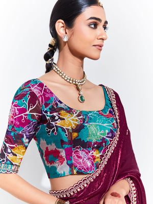 WINE SILK SAREE WITH VIBRANT FLORAL BLOUSE – A STATEMENT OF LUXURY
