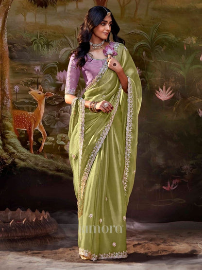 Neerja Soft Silk Saree in Olive Green