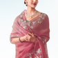 Dusty Rose Organza Saree with Zari & Sequins Work and Green Silk Blouse – Kimora