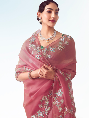 Dusty Rose Organza Saree with Zari & Sequins Work and Green Silk Blouse – Kimora