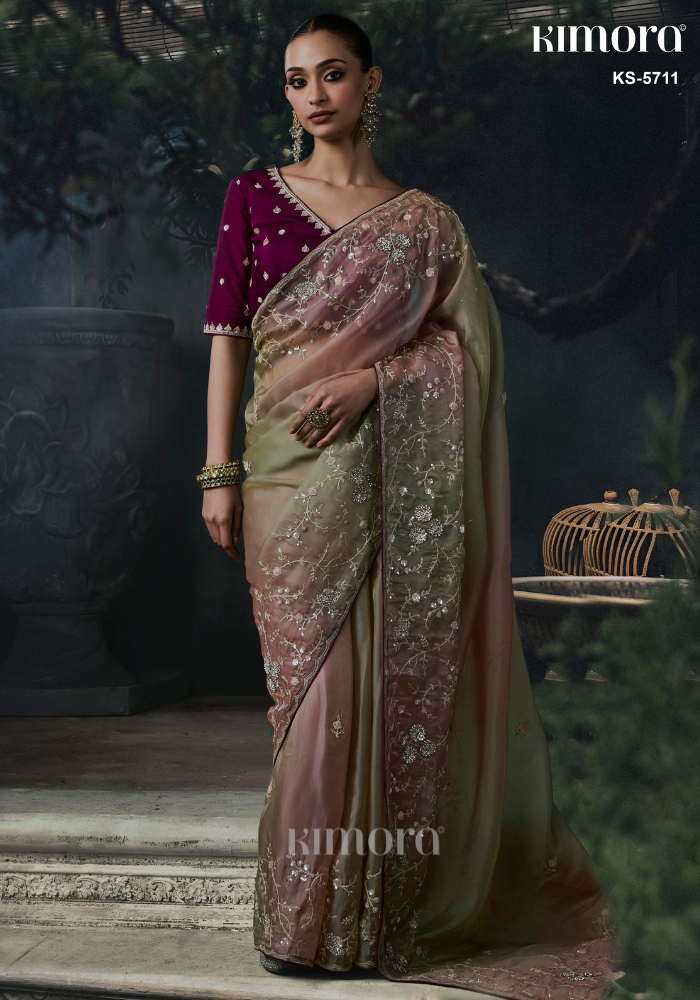 Nyra Tissue  Silk Saree Pink Green Multi-Tonal