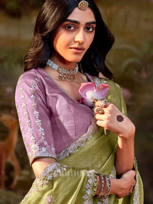 Neerja Soft Silk Saree in Olive Green