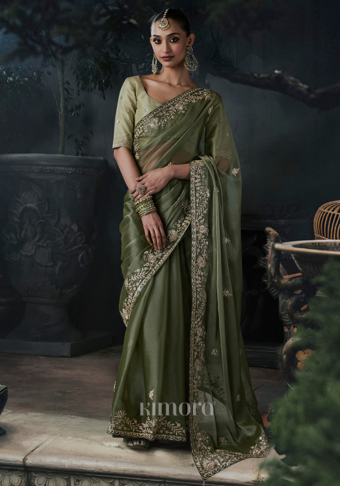 Rivaa Tissue  Silk Saree Olive Green