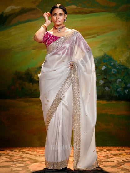 Off-White Organza Saree with Red Blouse